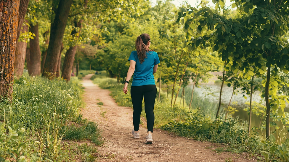 A lady walking along a path